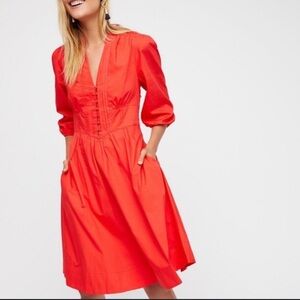 NWOT Free People Bright Red Cotten midi dress size 12